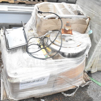 Pallet lot with mixed items including cutting boards, metal container, and cables. Wrapped in plastic. Condition varies.