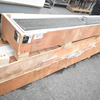 3 Regency stainless steel floor troughs with grates in original wooden crates. New, scratch and dent condition.