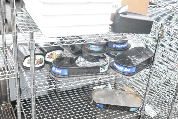 Chrome 3-tier wire shelving unit on casters with hopper lids and dough bins. Buyer dismantles; consider freight charges.