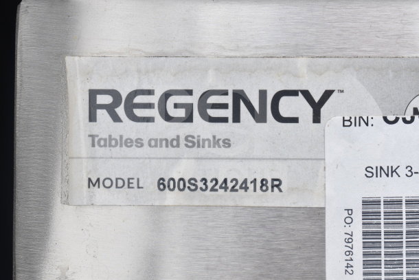Regency 600S3242418R commercial 3 bay sink label, new scratch and dent condition, right side drain board, no legs included.