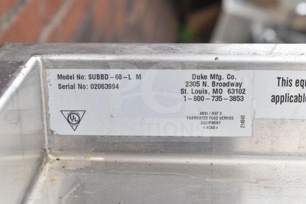 Duke SUBBD-60-LM Commercial Soda Station, stainless steel, visible model and serial number on label, minor surface wear.