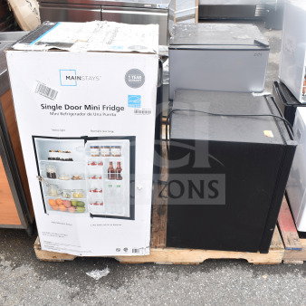 Four mini coolers including MainStays and Galanz models, 115 volts, 1 phase. MainStays cooler with original box.