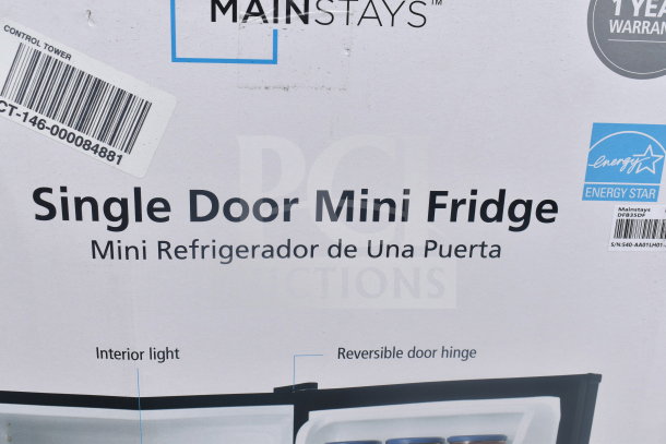 4 mini coolers, MainStays and Galanz brands, 115V, 1 phase. Features reversible door, interior light. Box shows Energy Star label.