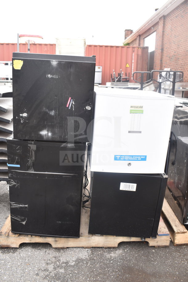 Six various mini coolers, including Accucold model, on a pallet. Some wear visible. 115 Volts, 1 Phase.
