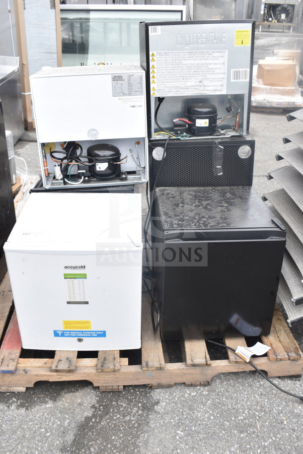 Six mini coolers, including Accucold model, 115 volts, 1 phase, shown on a wooden pallet. Appears in used condition.