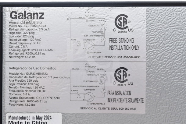 Galanz GLR33MBKE23 Mini Cooler label. Features: 3.3 cu.ft capacity, 120V, 60Hz, uses R600a. Manufactured May 2024.