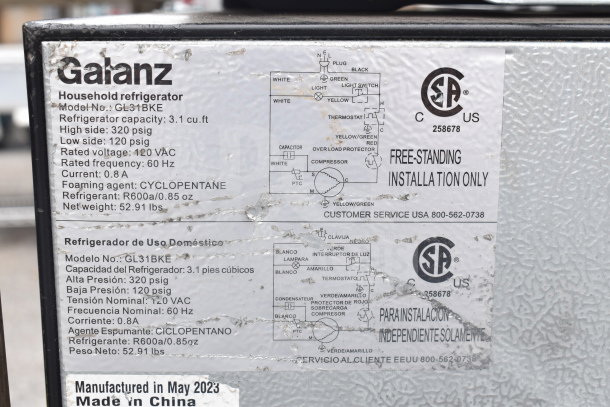 Galanz GL31BKE Mini Cooler with Freezer, 3.1 cu ft, 120 Volts, 1 Phase, May 2023, CSA certified.