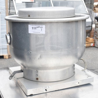 Commercial rooftop mushroom exhaust fan in silver metal, with visible label indicating auction information.