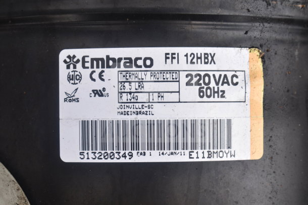 Embraco FFI 12HBX compressor, 220V, thermally protected, 60Hz, R134a, 26.5 LRA. Made in Brazil.