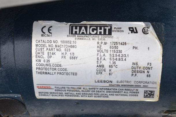 Pitco Frialator Shortening Shuttle label showing model M4C17DH66G, 115/230 volts, 0.25 kW power, thermally protected.