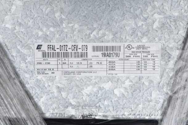 Copeland FFAL-017Z-CFV-079 compressor label, 208-230V, 1 phase, showing model, serial number, and specifications.