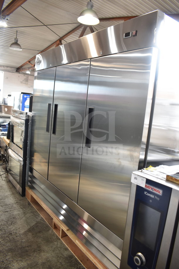 "2025 KoolMore RIR-3D-SS three-door commercial refrigerator, 72 cu. ft., stainless steel, brand new with scratch and dent."