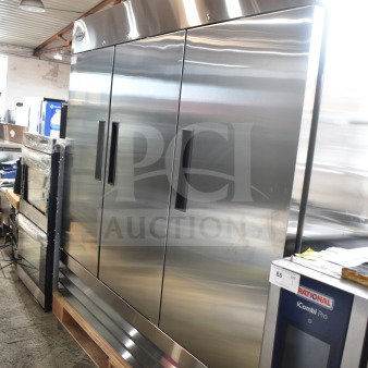 "2025 KoolMore RIR-3D-SS three-door commercial refrigerator, 72 cu. ft., stainless steel, brand new with scratch and dent."