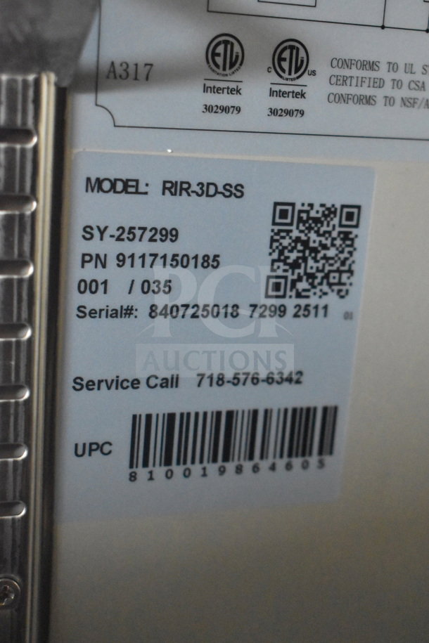 "Label on KoolMore RIR-3D-SS Three Door Refrigerator showing model number, serial number, and service details."