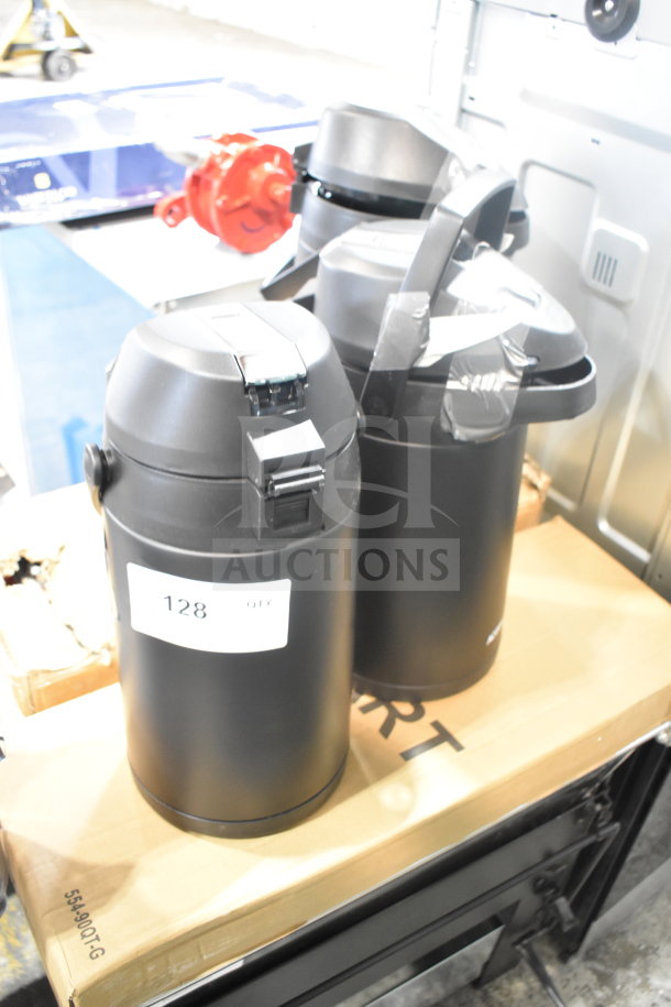 Three brand new black air pots, slightly scratched with labels. Includes quantity tag "128 QTY." Perfect for auctions.