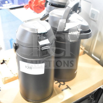 Three brand new black air pots, slightly scratched with labels. Includes quantity tag "128 QTY." Perfect for auctions.