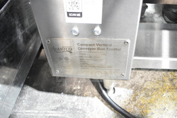 Brand new Avantco model 177CPBTR66B compact vertical contact bun toaster, 208 volts. Metal label shows specs and serial number.