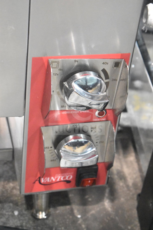 BRAND NEW Avantco CPBTR66B bun toaster, 208V, compact vertical design, conveyor speed and heating controls, minor scratches.