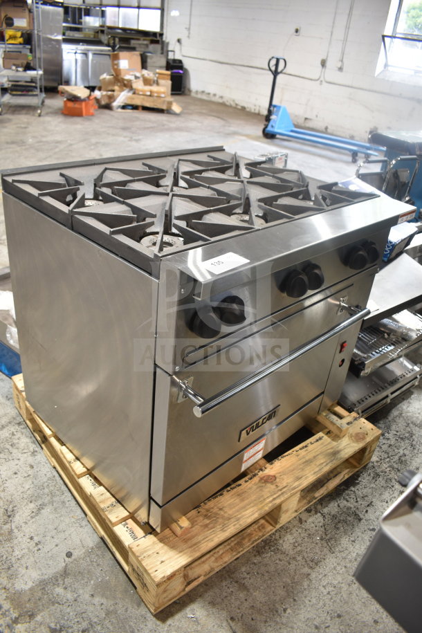 Brand new Vulcan 36C-6BP 6 burner propane range with convection oven, 215,000 BTU, visible cosmetic scratch and dent.