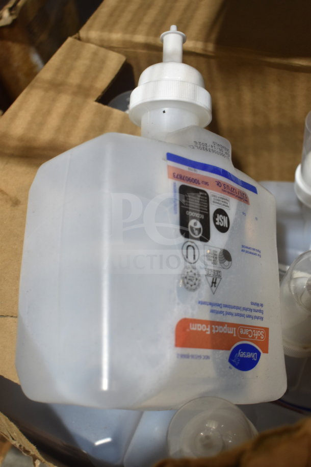 Tiered lot including Diversey Soft Care Impact Foam hand sanitizer with visible product labels in a cardboard box.
