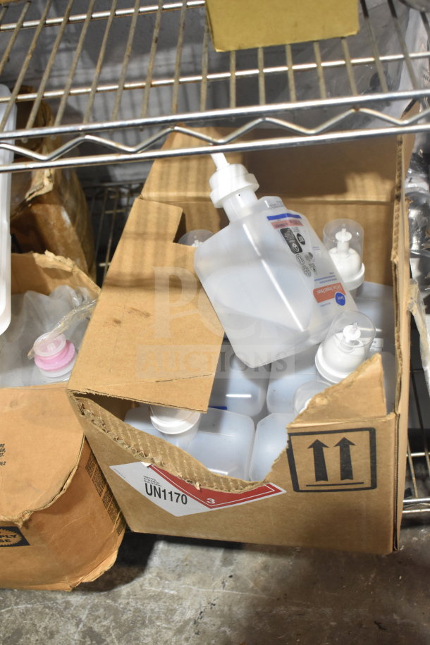 Cardboard box with multiple bottles of Alcohol Foam Instant Hand Sanitizer. Box labeled UN1170. Stored on metal rack.