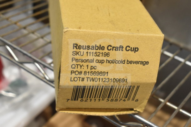 Reusable craft cup box with SKU 11152196, for hot/cold beverages. Includes barcode, QTY: 1 pc, PO# 81569691, LOT# TW01123109691.