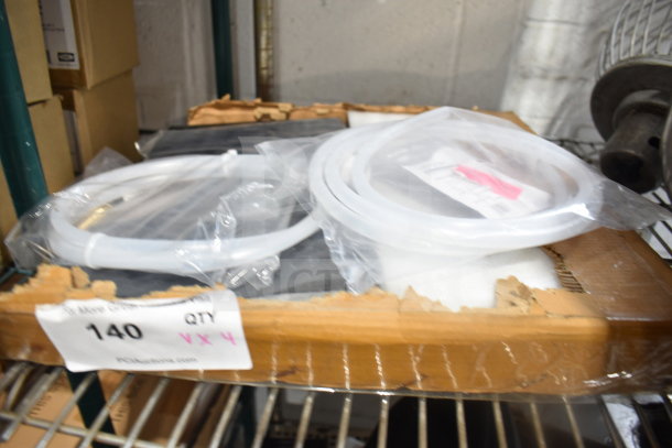 4 items including a gas hose and beer drip tray 600MBDCCB14, new in packaging, with visible label indicating quantity.