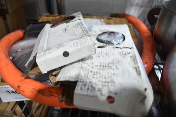 4 various items including an orange gas hose and a beer drip tray model 600MBDCCB14 in worn packaging.