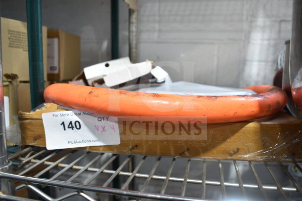 Four items including an orange gas hose and beer drip tray. Label shows auction lot number 140 and "4x your bid."
