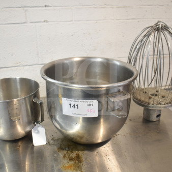 Three mixer items: two stainless steel mixing bowls and a wire whisk attachment. Includes condition label with lot number 141.