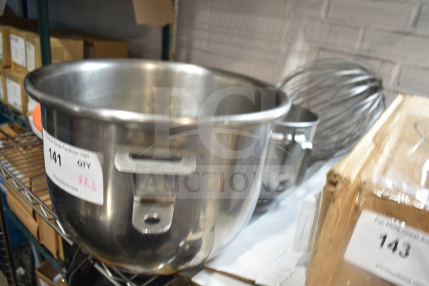 Stainless steel mixing bowls and whisk attachment for mixer, good condition, auction lot label "141".