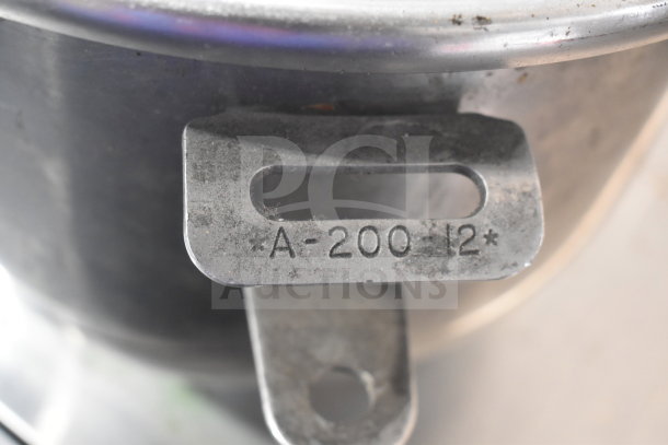 Metal attachment for mixer with engraving "A-200-12" visible, part of a set including 2 mixing bowls and whisk.