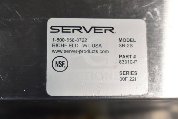 Server SR-2S Serving Station label showing model SR-2S, part number 83310-P, series 00F 221, NSF certified.