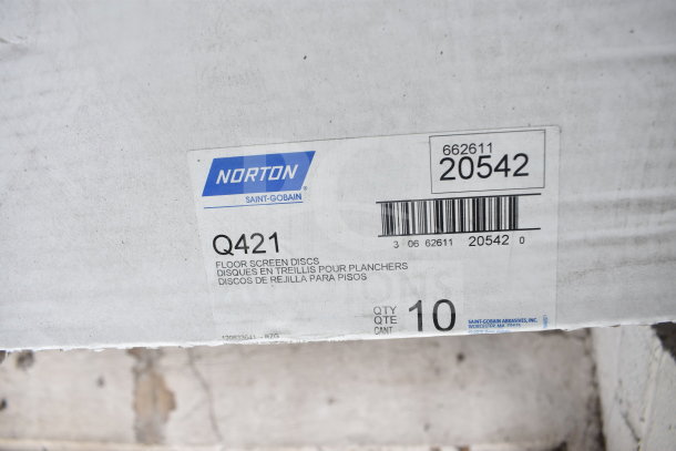 Box of Norton Q421 Floor Screen Discs, showing product label and barcode, quantity of 10.