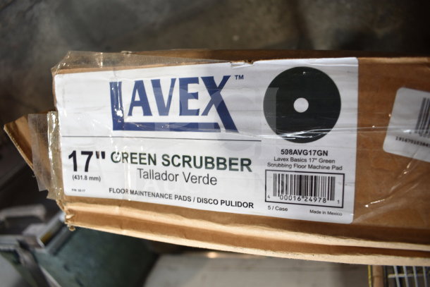 Box of Lavex 598AVG17GN 17" green scrubbing pads with label showing product details and barcode.