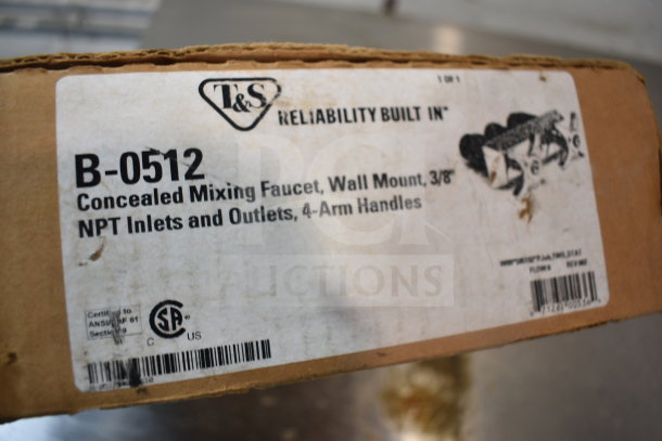 Box labeled T&S B-0512, new concealed mixing faucet, wall mount, 3/8" NPT inlets/outlet, 4-arm handles, scratch and dent.