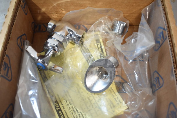 BRAND NEW T&S B-0512 3" concealed mixing faucet, wall mount, 3/8" NPT inlets/outlet, 4-arm handles, chrome finish, in packaging.