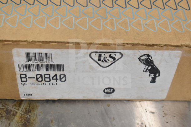 Brown box containing T&S B-0840 Deck Mount Sill Faucet, labeled with product codes and NSF certification mark.
