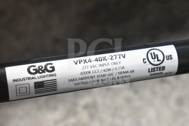 G&G VPX4-40K-277V light label, showing 277VAC input, 4000K CCT, 42W, NEMA 4X, UL listed, suitable for wet locations.