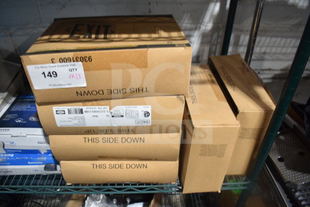 Cardboard boxes of 13 items including DualLite Exit Sign and Cooper LED Outdoor Emergency Light, tags visible.