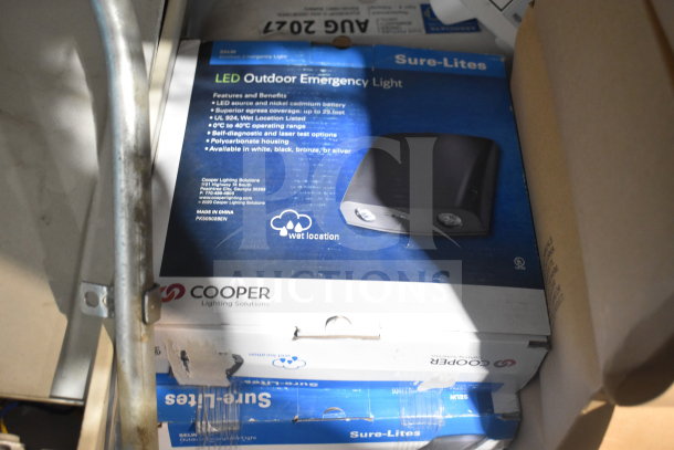 Cooper LED Outdoor Emergency Light box, showing features and wet location suitability. DualLite Exit Sign included. 13 items total.