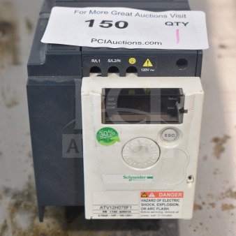Altivar ATV12H075F1 Variable Speed Drive; features control panel, hazard warning label, 0.75kW, 120V; good condition.