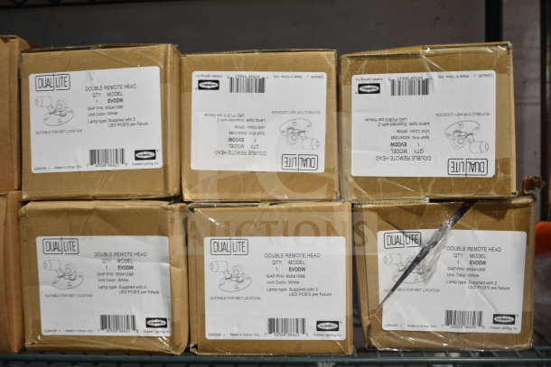 Boxes of DualLite Double Remote Heads, model EVDOW, new in packaging. Labels indicate suitable for wet locations.