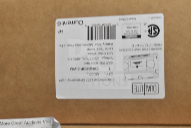 Box label for DualLite LED Emergency Light model EVOHDWP-O-WM. Includes 19 items, ideal for emergency lighting.
