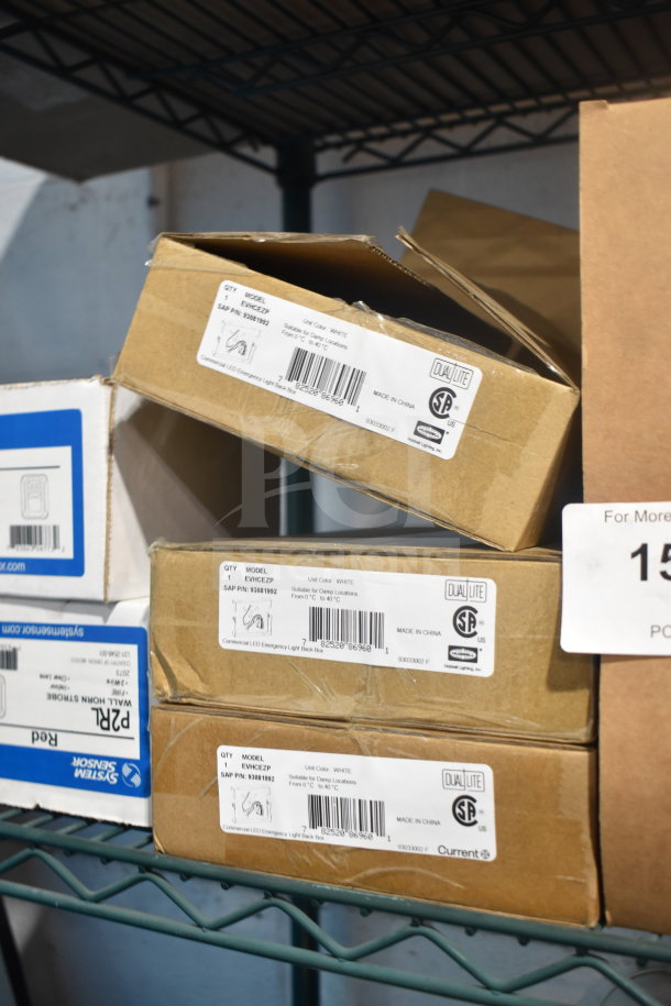 Boxes containing DualLite Double Remote Head, LED Emergency Light, and Light Back Box; new condition.