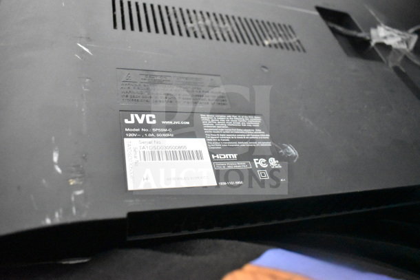 JVC SP55M-C TV back panel with model details, 120V, HDMI, and FCC markings, local pick-up only.