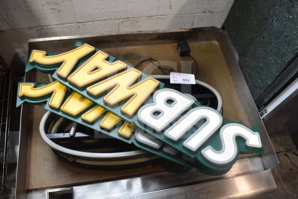 Set of four Subway and Open signs, yellow and white lettering. Includes wiring and plugs, moderate wear visible.