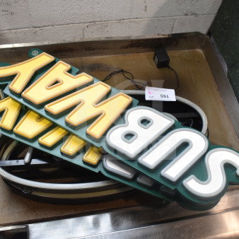 Set of four Subway and Open signs, yellow and white lettering. Includes wiring and plugs, moderate wear visible.