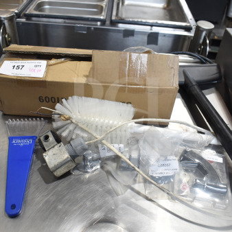 10 items including a brush, scraper, support rod assembly, and assorted parts in cardboard box, marked 600IB1918S. Auction quantity 10.