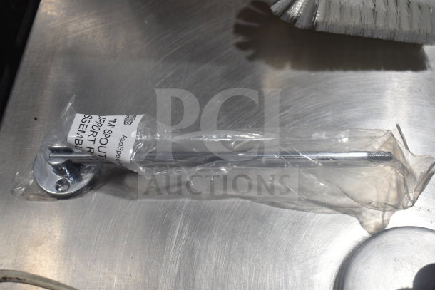 10 various items including brush, scraper, support rod assembly in plastic packaging, labeled "M Spout Support Rod Assembly."